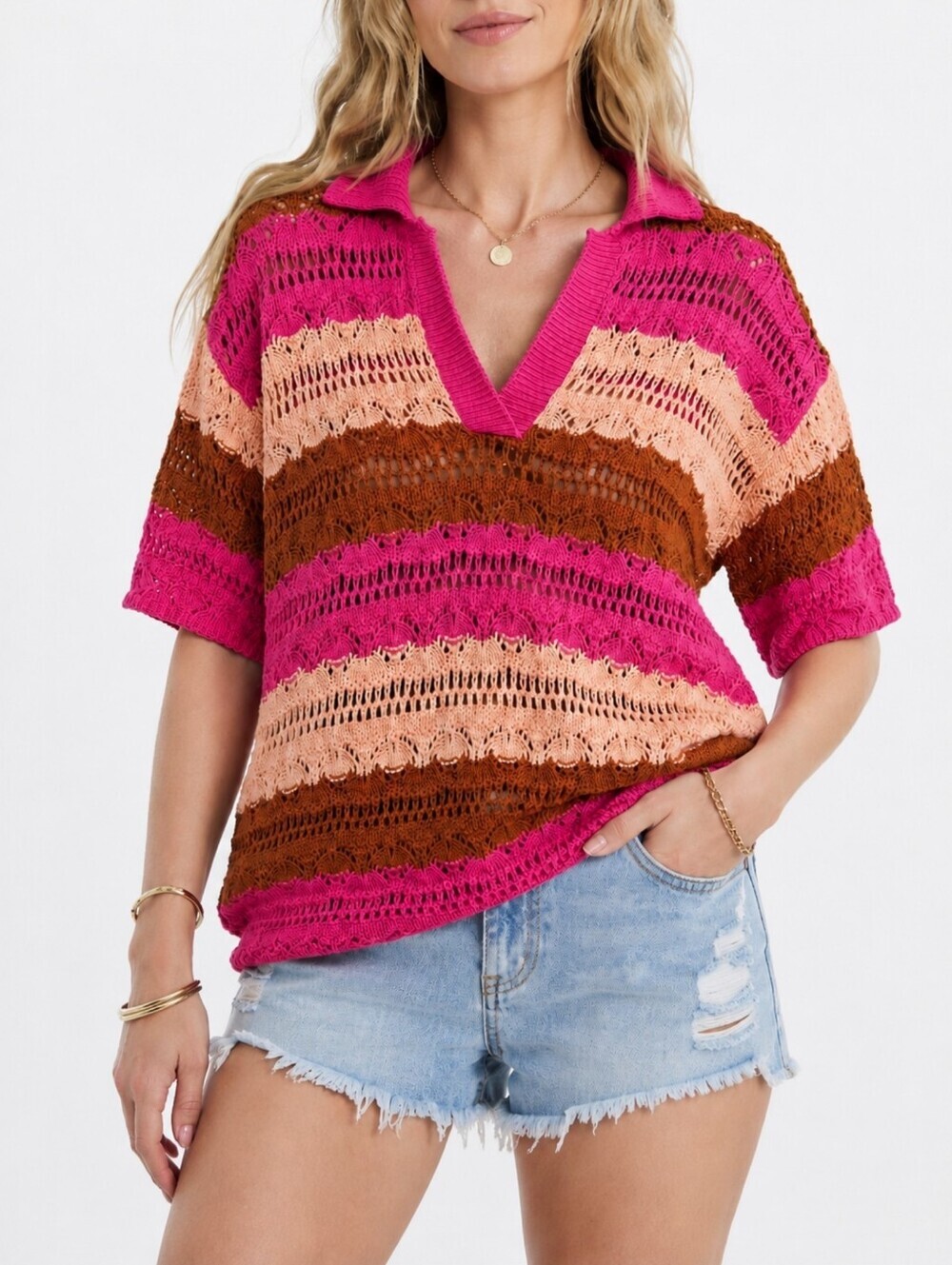 Zara Crochet Knit Polo Sweater Stripe Boho Coastal Short Sleeve S/M